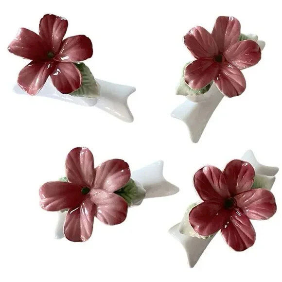 Burgundy Cloth Napkins and Ceramic Floral Napkin Rings - Picture 2 of 3